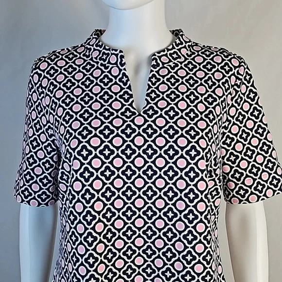 Talbots Navy & Pink Geometric Print Split Mockneck Short Sleeve Shift Dress - Picture 4 of 16